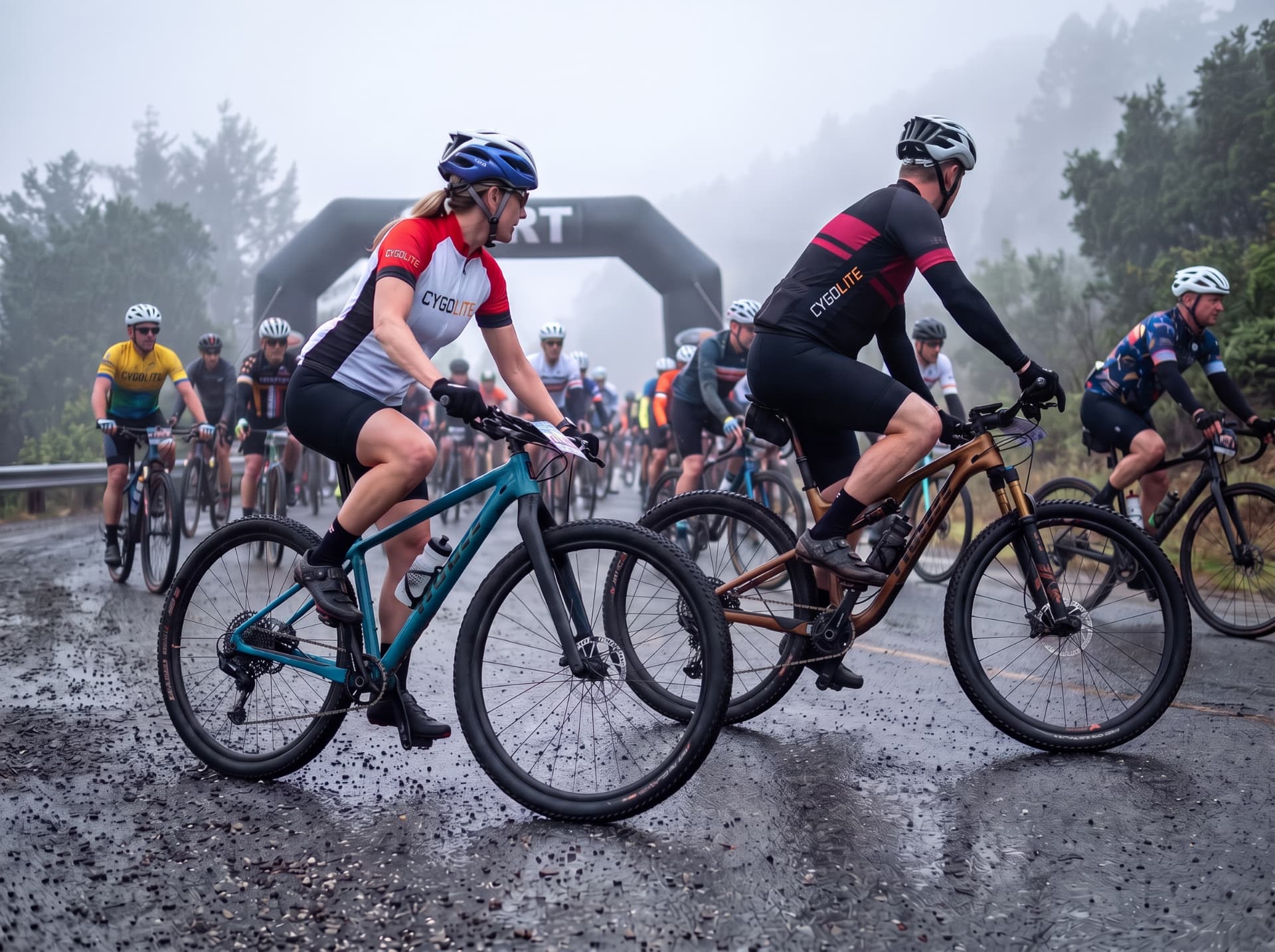 Cyclists in Cygolite jerseys lined up at a foggy, wet race start line
