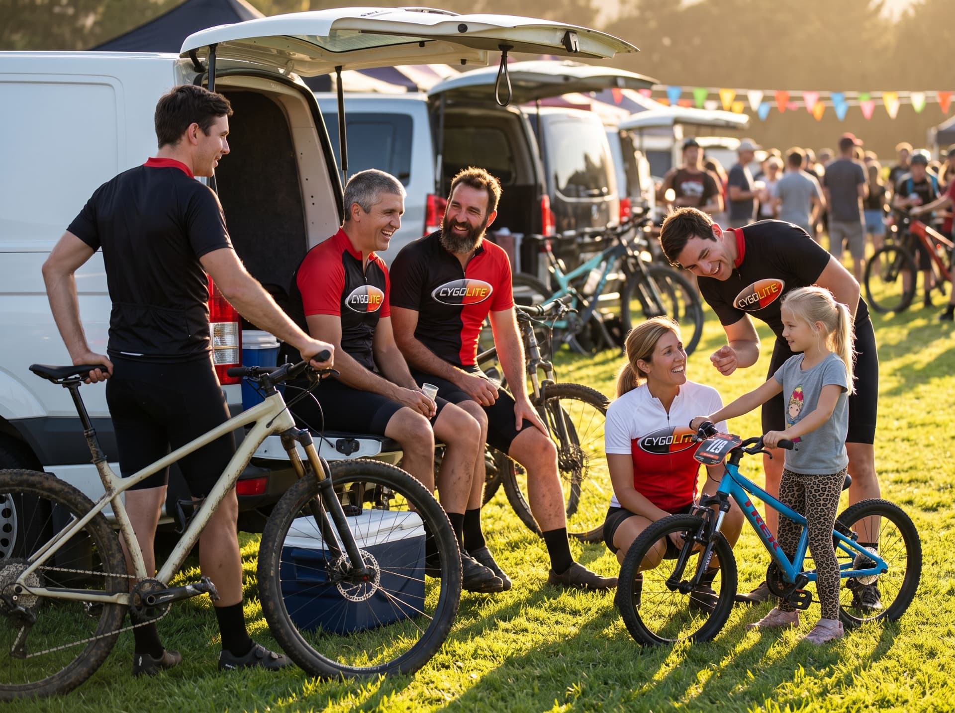 Cygolite team and family laughing in the paddock after a race at golden hour