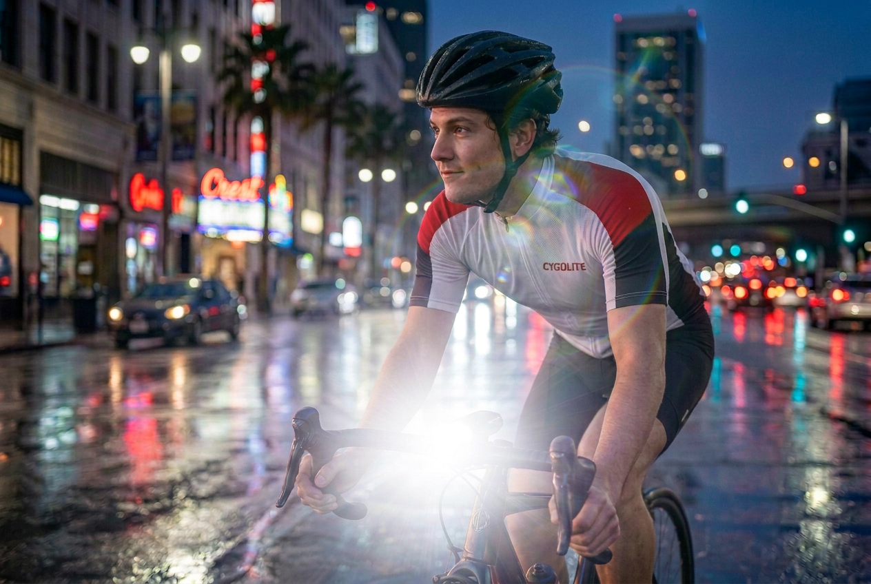 Cyclist in a Cygolite jersey riding a wet downtown street at night with a bright headlight lit