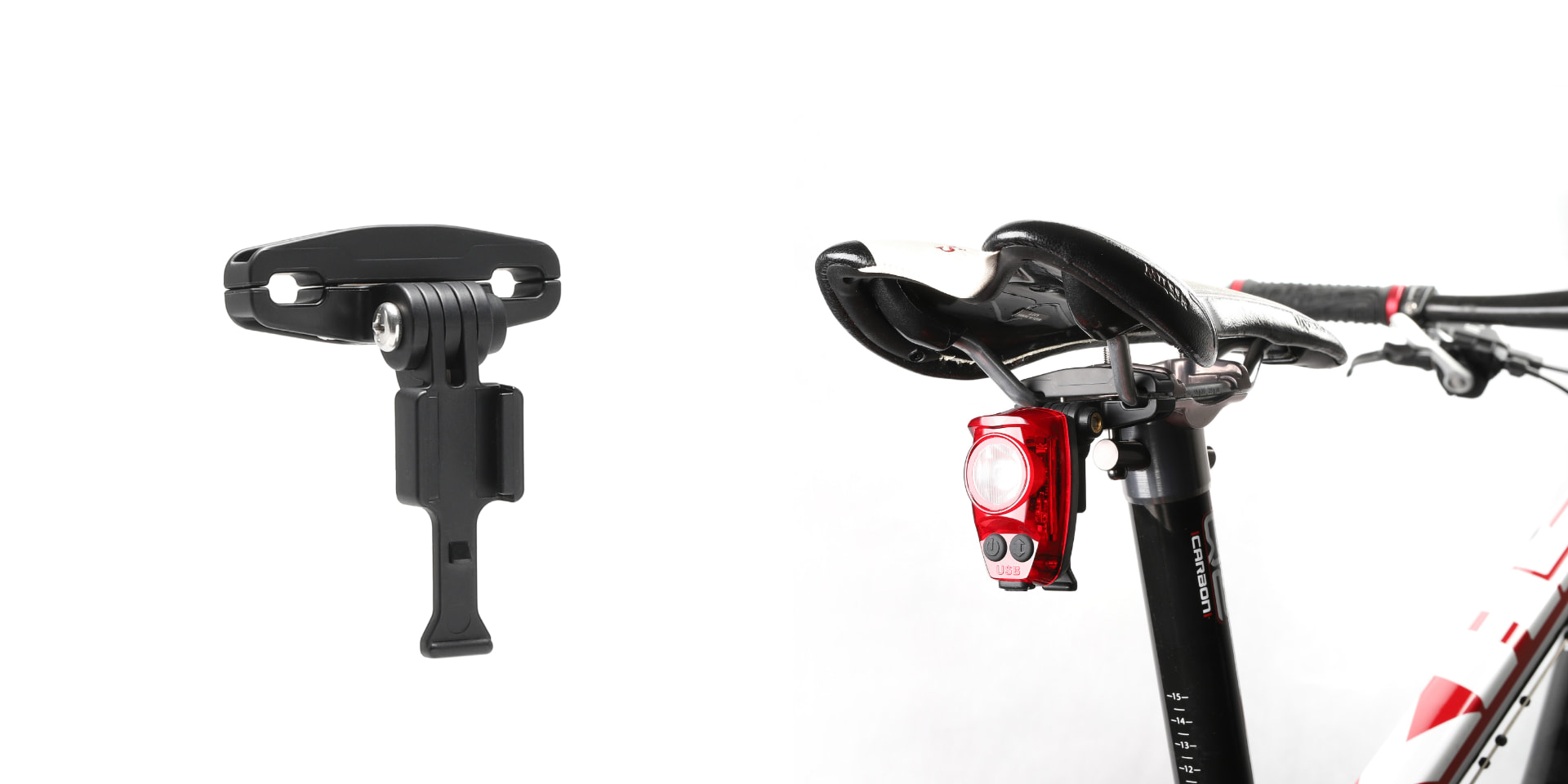 Cygolite saddle rail mount with a red tail light installed under a bicycle saddle