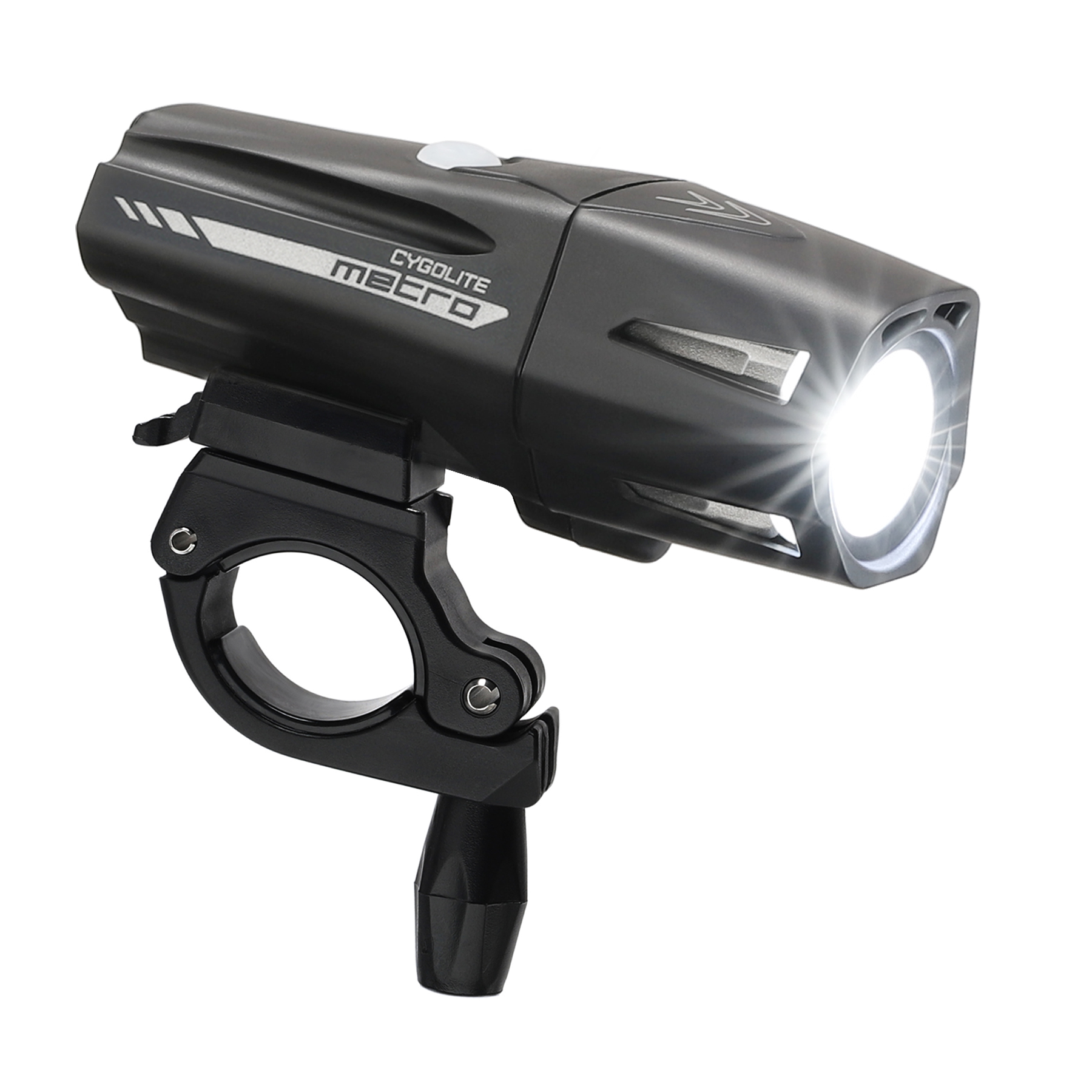 Cygolite Metro headlight with its LED lit, mounted on a handlebar bracket