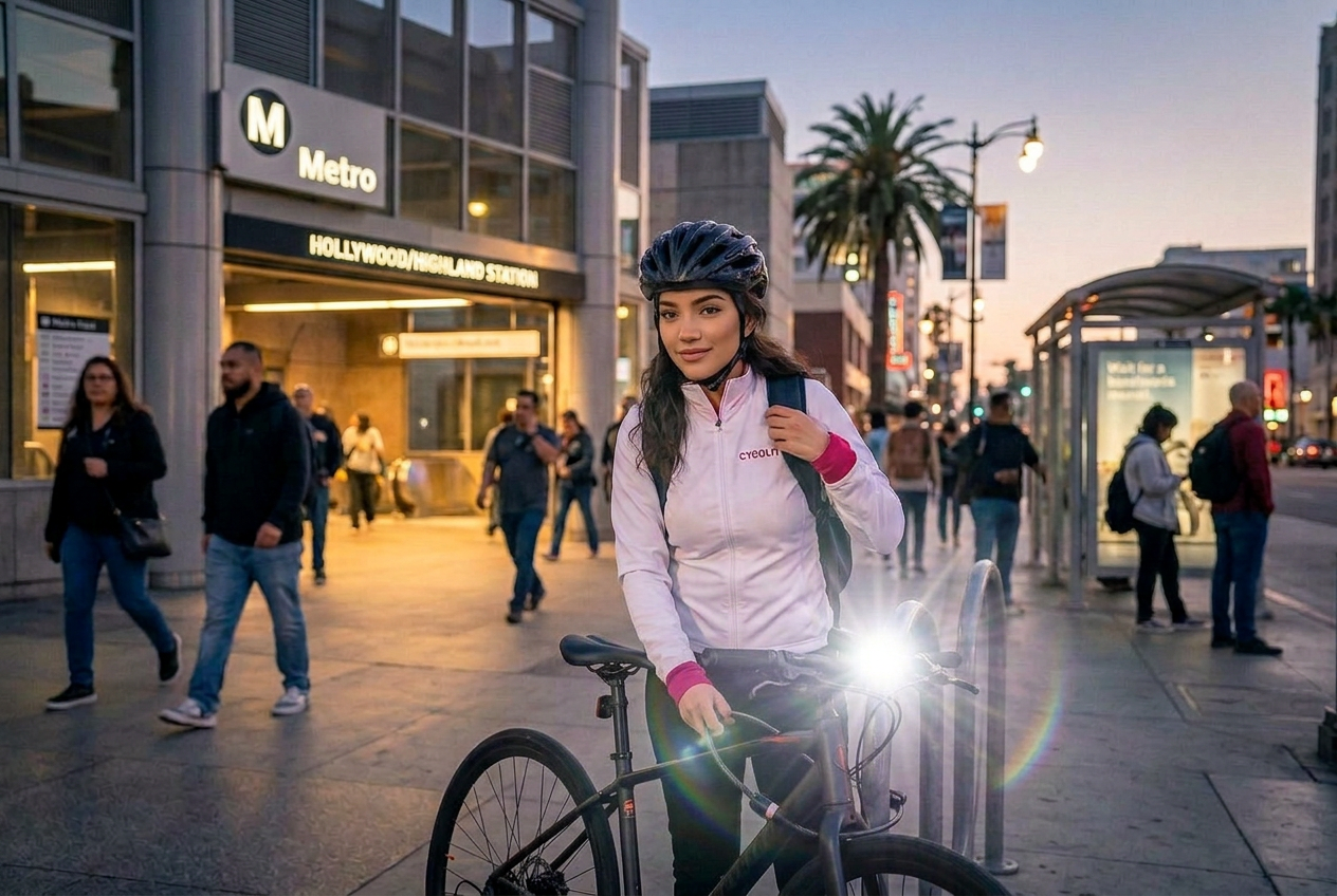Cyclist with a Cygolite headlight lit outside a Metro station at dusk
