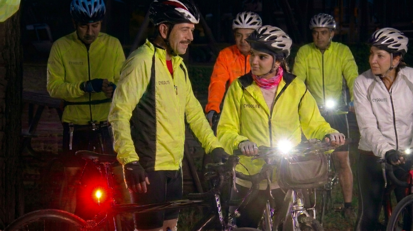 Group of cyclists in Cygolite high-visibility jackets with headlights and taillights on at a night ride