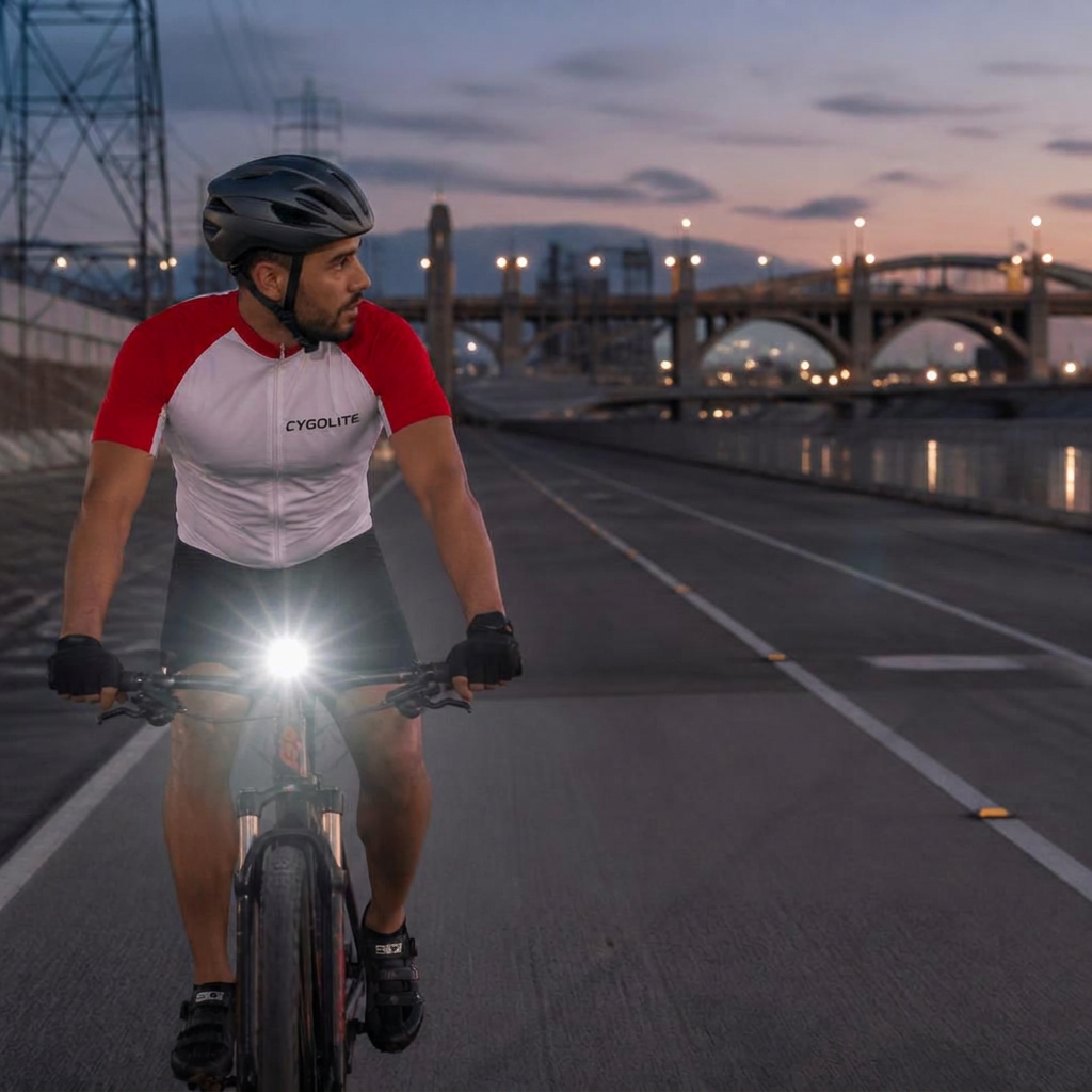 Cyclist in a Cygolite jersey on a river bike path at dusk with a bright headlight lit