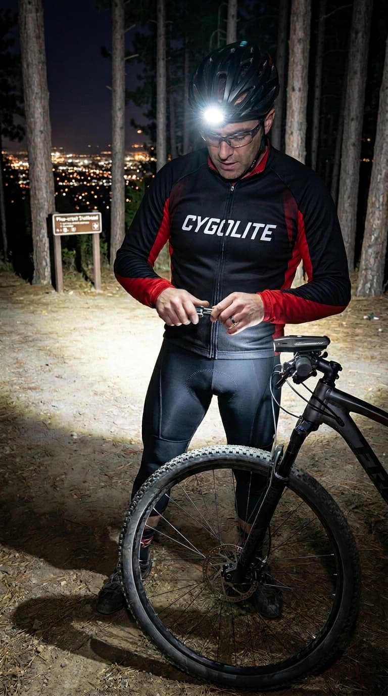 Cyclist making a trailside repair at night using a Cygolite helmet light
