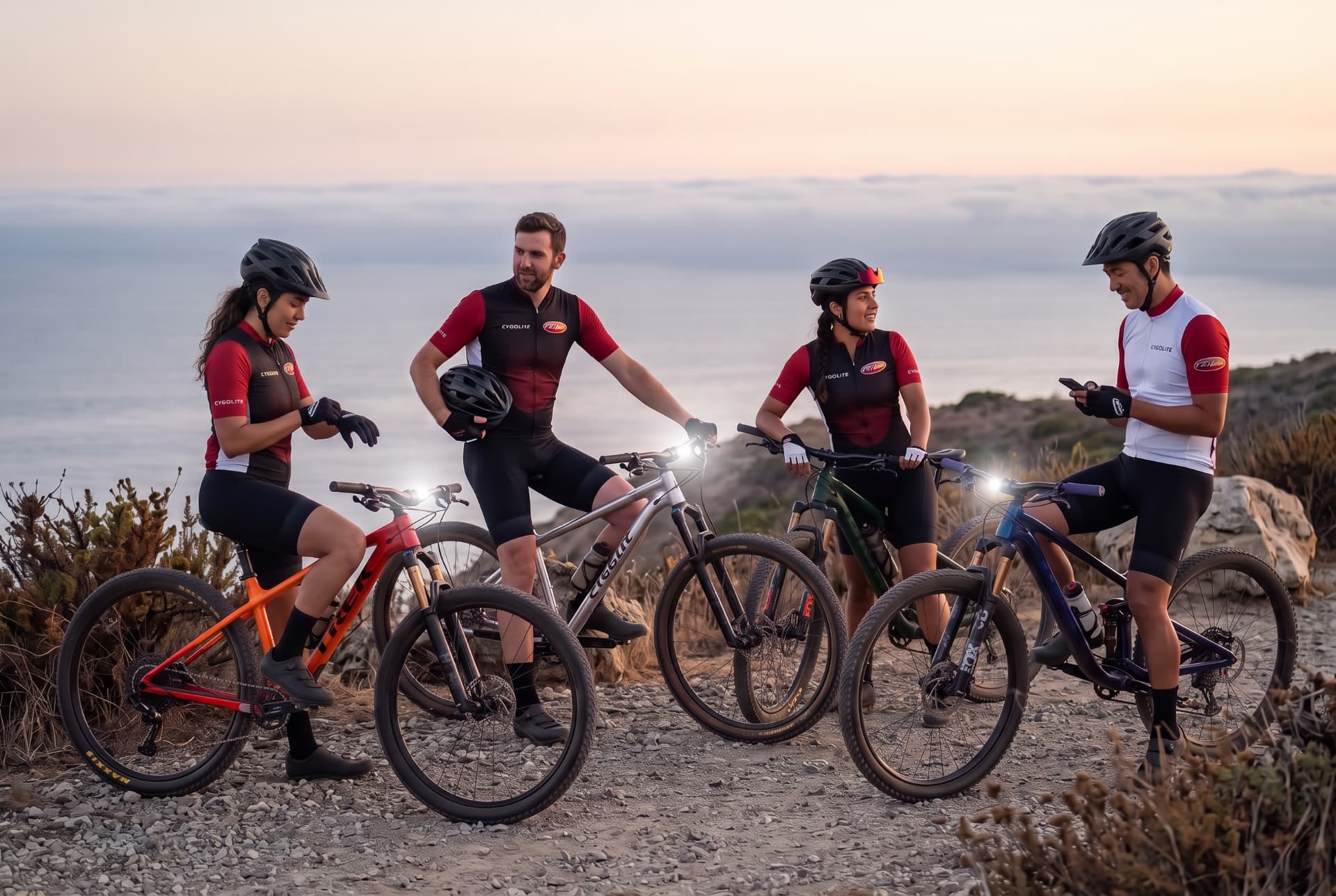 Four cyclists in Cygolite jerseys with mountain bikes on a coastal ridge at dusk