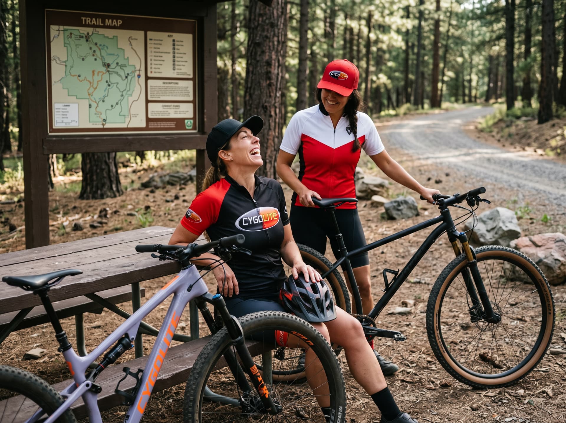 Two cyclists in Cygolite jerseys laughing at a forest trailhead