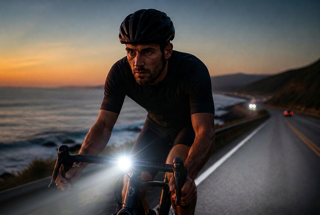 Road cyclist on a coastal highway at dusk with a Cygolite headlight lit